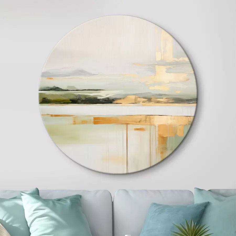 Wandbilder Abstrakte Landschaft mit gelben Akzenten, eine minimalistische Komposition aus Land, Wasser und Himmel, mit gedämpften Farben r46268