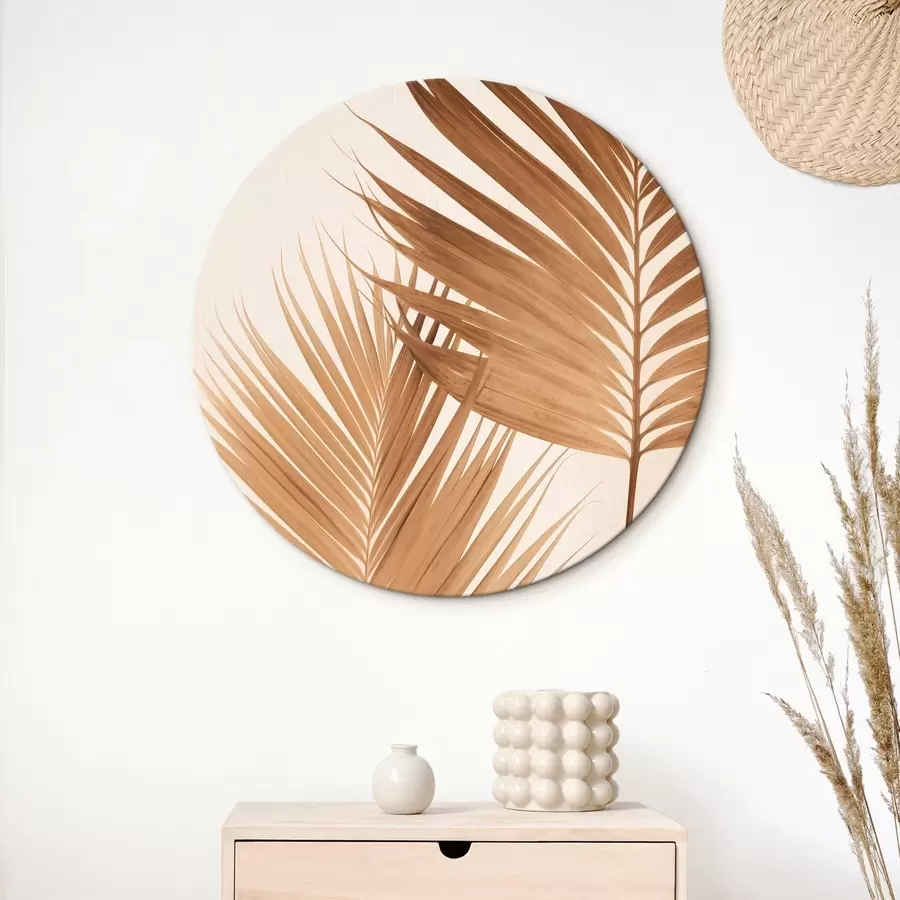 Wandbilder Palmenblätter in Brauntönen, neutraler Hintergrund, minimalistischer Stil, natürliche Beleuchtung, tropisches Flair r46274
