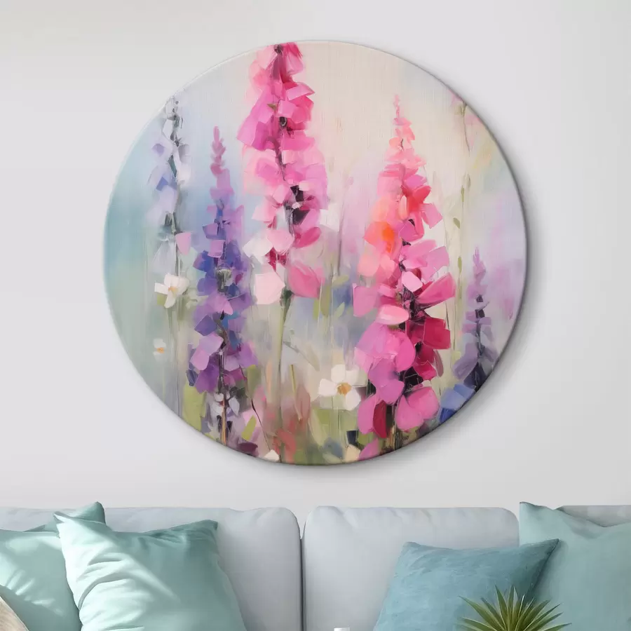 Wandbilder Rosa und violette Blumen mit weißen Gänseblümchen auf einer Wiese, sanfte Pinselstriche, Pastellfarben, impressionistischer Stil r46279