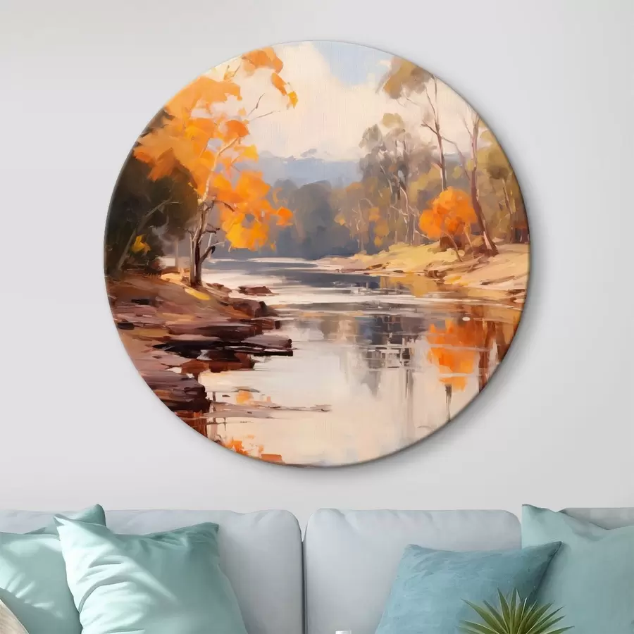 Wandbilder Herbstlandschaft, Fluss mit Bäumen am Ufer, Wald im Hintergrund, Spiegelungen auf dem Wasser r46280