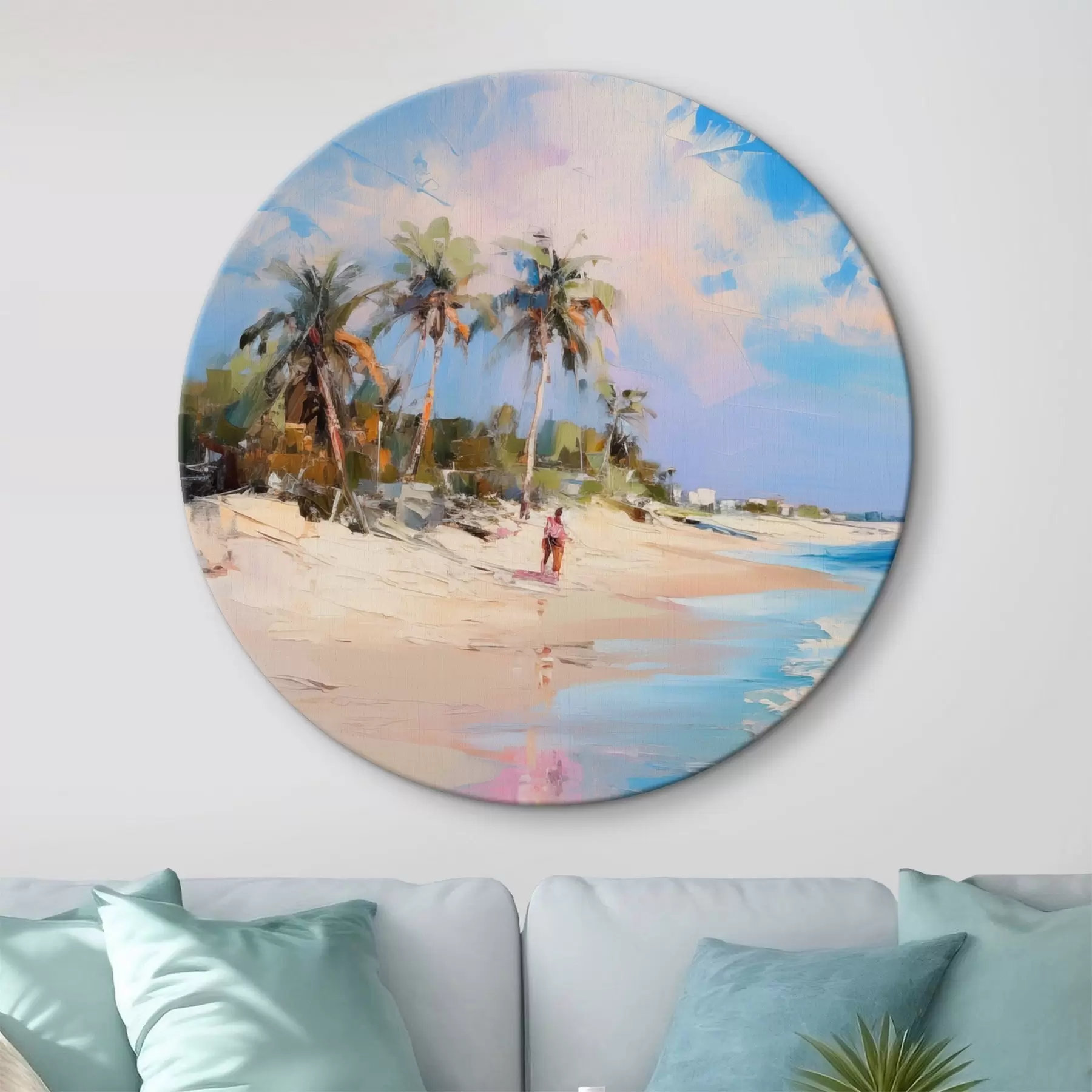 Wandbilder Abstrakte Landschaft, ein Strand mit Palmen, strahlender Sonnenschein mit blauem Himmel und einigen Wolken r46284
