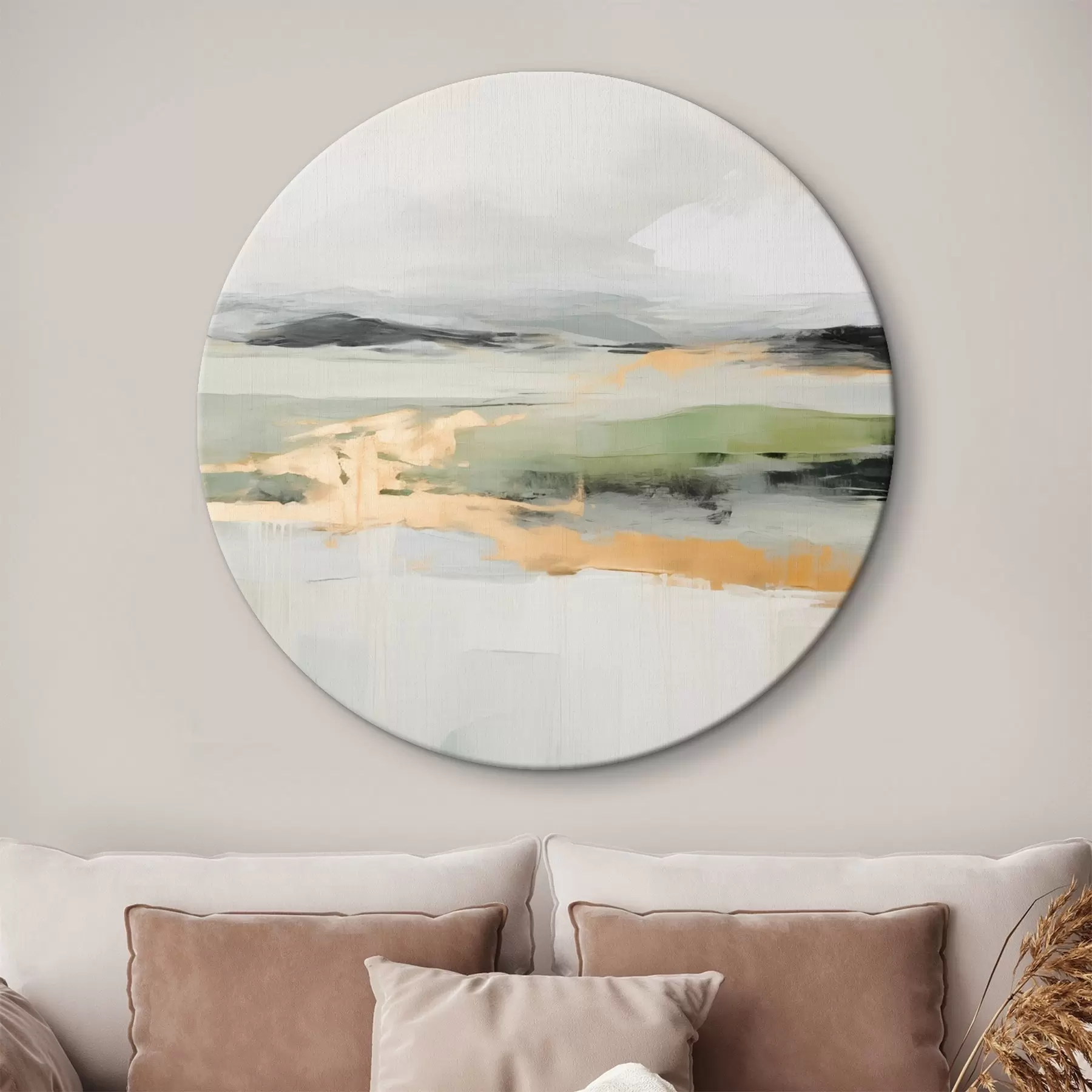 Wandbilder Abstrakte Landschaft mit gelben Akzenten, eine minimalistische Komposition aus Land, Wasser und Himmel, mit gedämpften Farben r46269