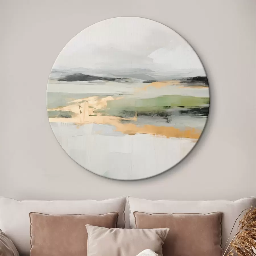Wandbilder Abstrakte Landschaft mit gelben Akzenten, eine minimalistische Komposition aus Land, Wasser und Himmel, mit gedämpften Farben r46269