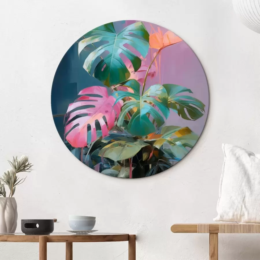Wandbilder Abstrakte Monstera-Pflanze mit rosa und grünen Blättern, leuchtenden Farben, vor einem unscharfen Hintergrund r46287