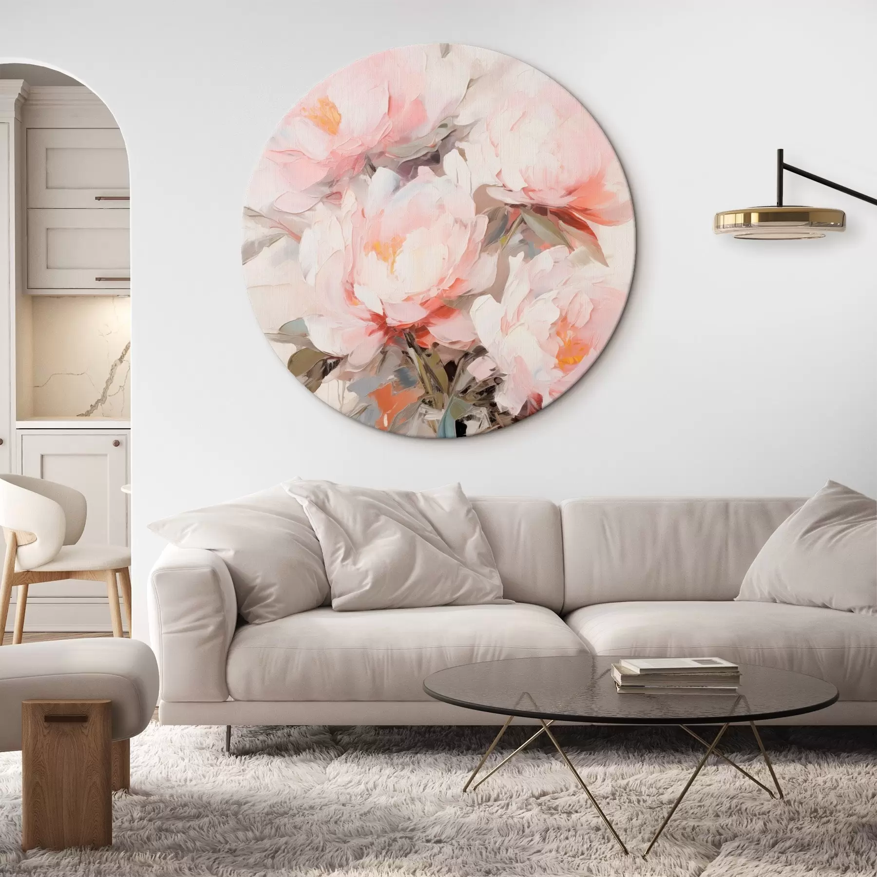 Wandbilder Ein Strauß aus rosa und weißen Pfingstrosen in einer Glasvase, sanfte Pinselstriche, Pastellfarben, neutraler Hintergrund r46295