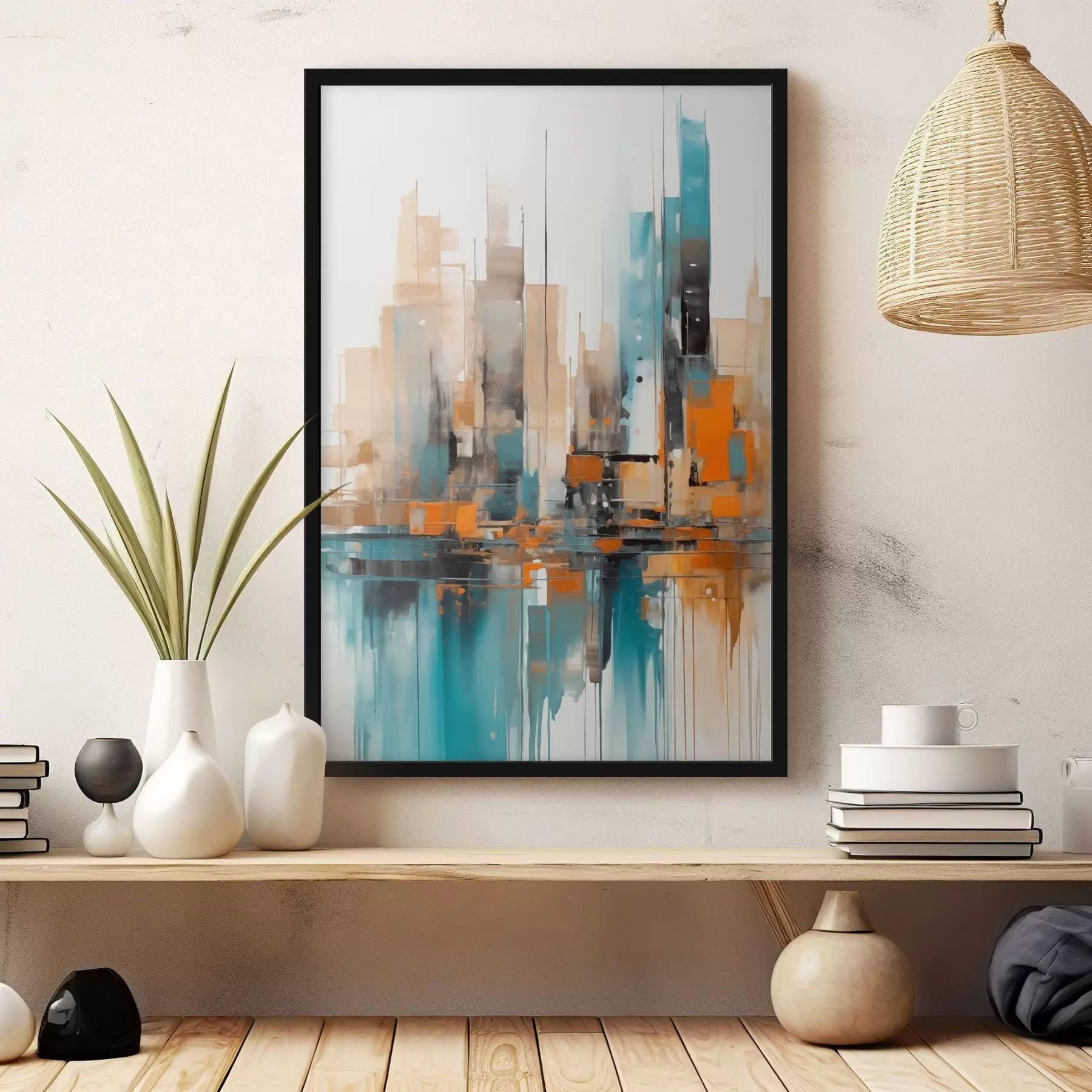 Fototapete Abstrakte Stadtlandschaft mit orangefarbenen, blaugrünen und braunen vertikalen Pinselstrichen und geometrischen Formen f46266