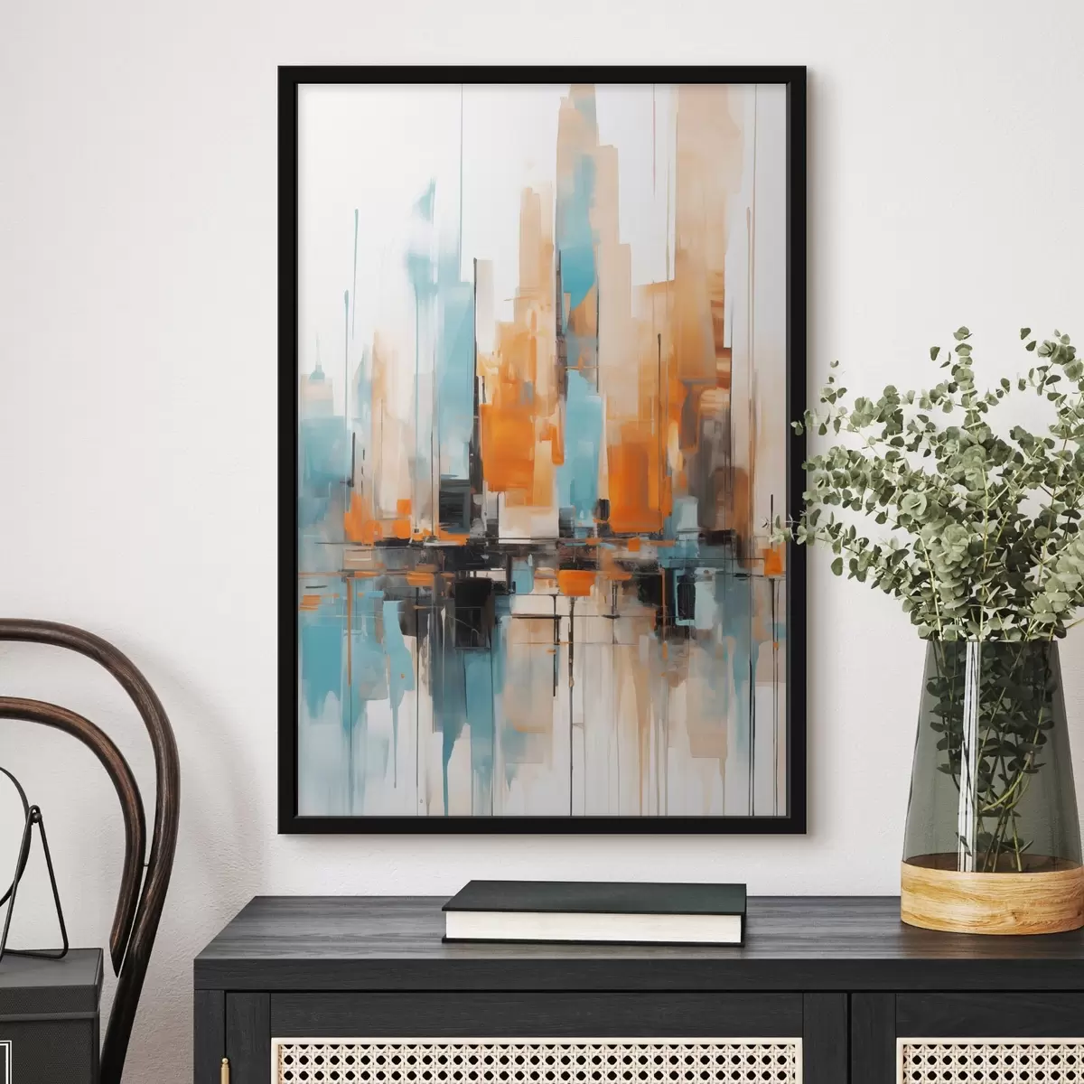 Poster Abstrakte Stadtlandschaft mit vertikalen Pinselstrichen in Orange-, Blau- und Weißtönen, Malstil f46267