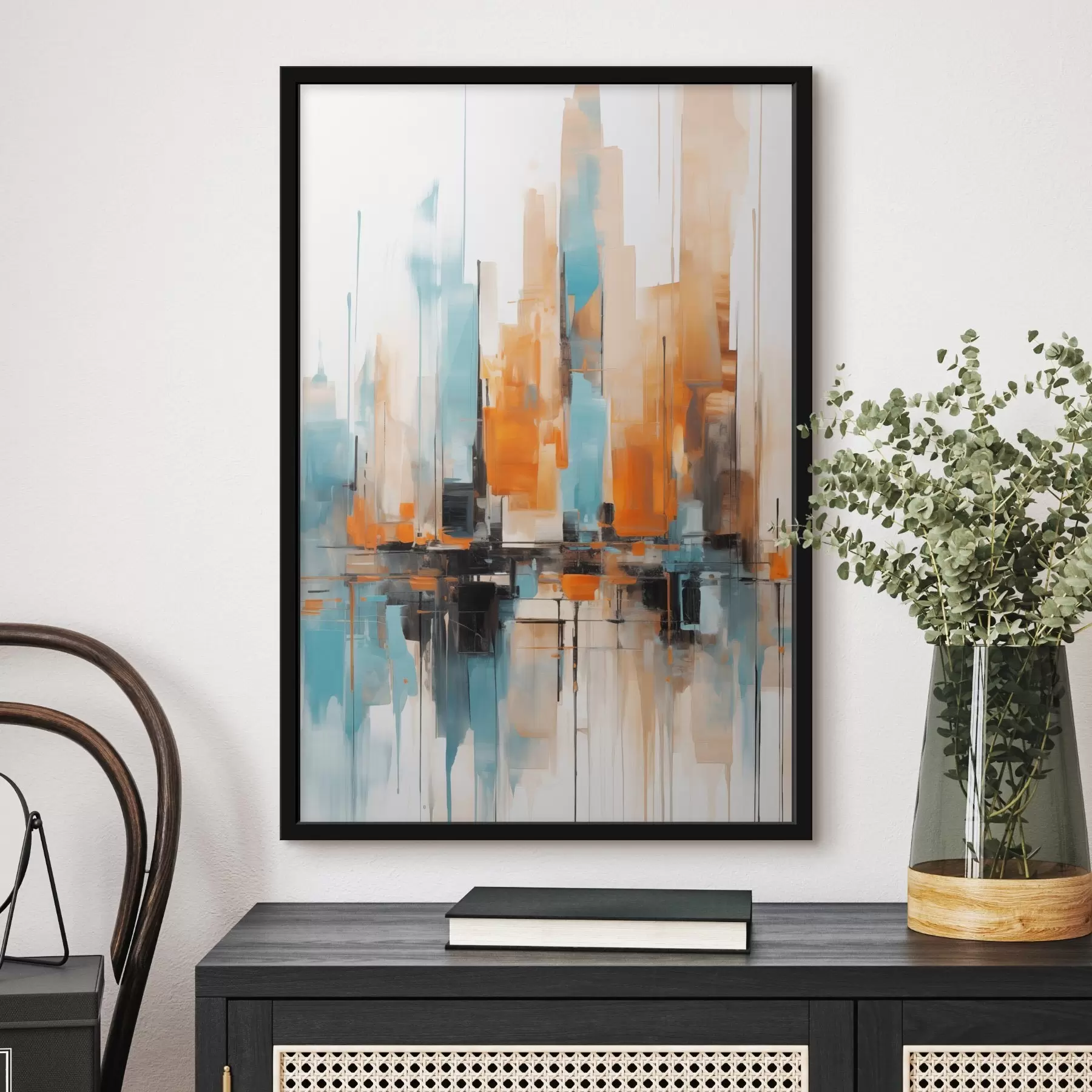 Fototapete Abstrakte Stadtlandschaft mit vertikalen Pinselstrichen in Orange-, Blau- und Weißtönen, Malstil f46267