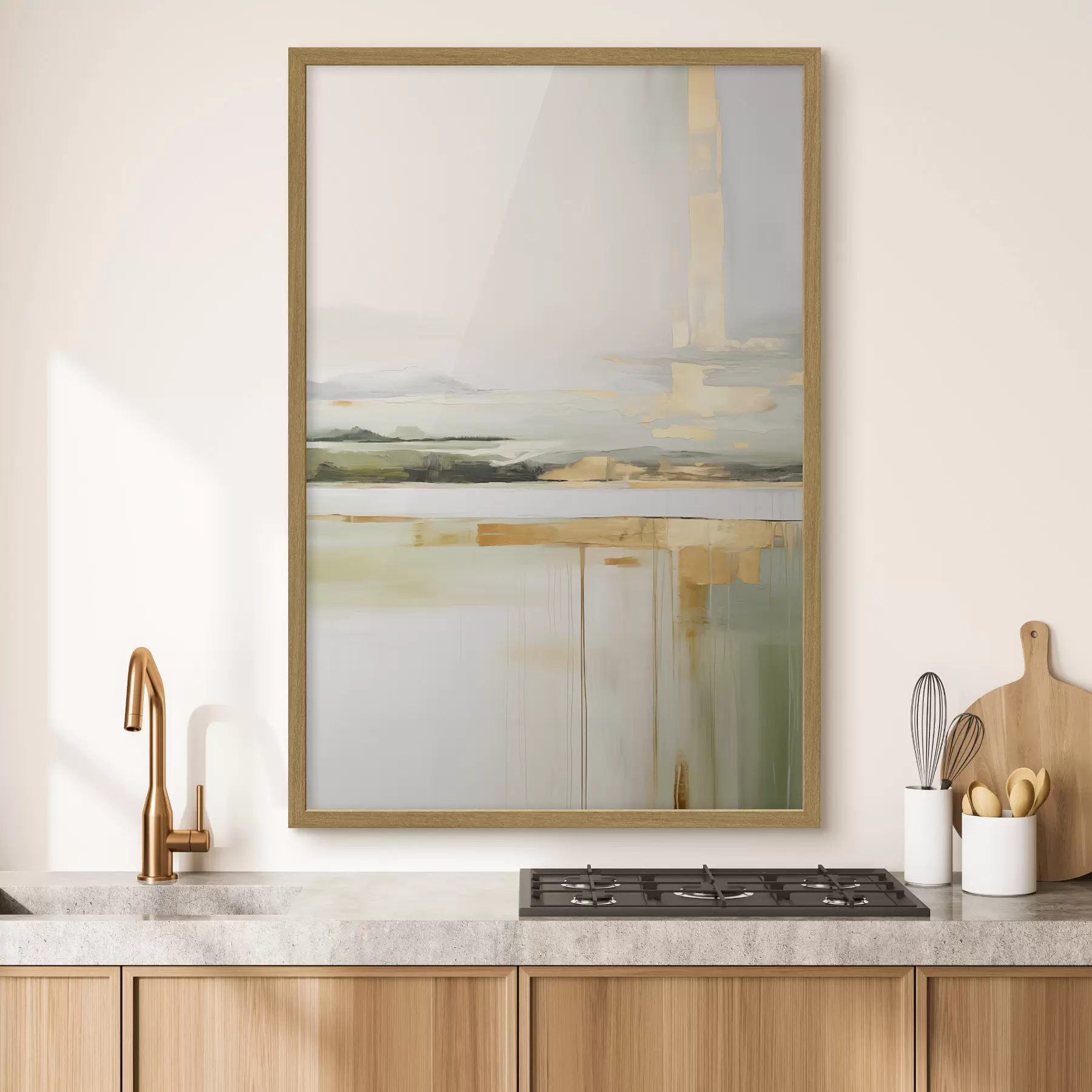 Fototapete Abstrakte Landschaft mit gelben Akzenten, eine minimalistische Komposition aus Land, Wasser und Himmel, mit gedämpften Farben f46268