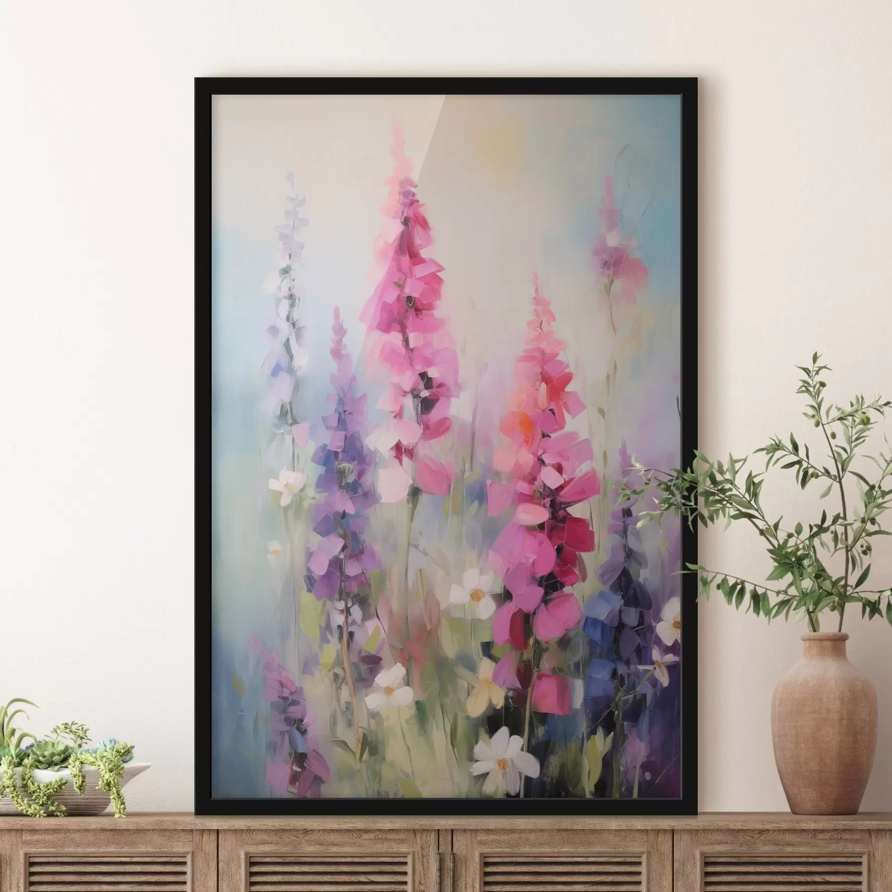 Fototapete Rosa und violette Blumen mit weißen Gänseblümchen auf einer Wiese, sanfte Pinselstriche, Pastellfarben, impressionistischer Stil f46279