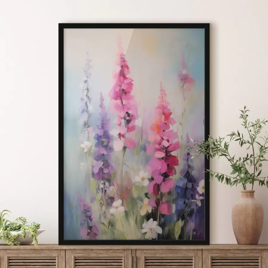 Fototapete Rosa und violette Blumen mit weißen Gänseblümchen auf einer Wiese, sanfte Pinselstriche, Pastellfarben, impressionistischer Stil f46279