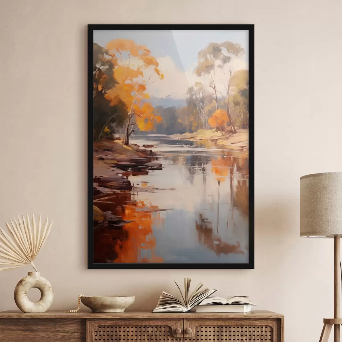 Poster Herbstlandschaft, Fluss mit Bäumen am Ufer, Wald im Hintergrund, Spiegelungen auf dem Wasser f46280