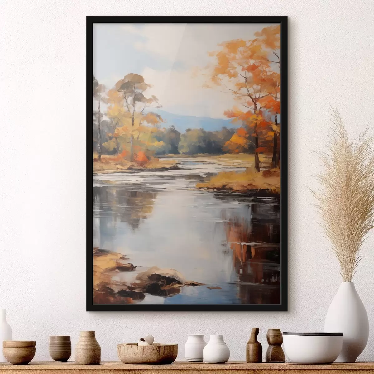 Poster Landschaft mit einem Fluss, der durch einen Wald im Herbst fließt, gelbe und orangefarbene Bäume, Malstil f46281