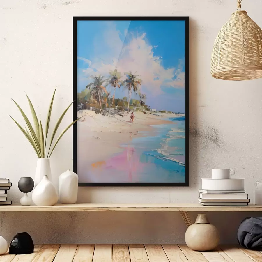 Fototapete Abstrakte Landschaft, ein Strand mit Palmen, strahlender Sonnenschein mit blauem Himmel und einigen Wolken f46284