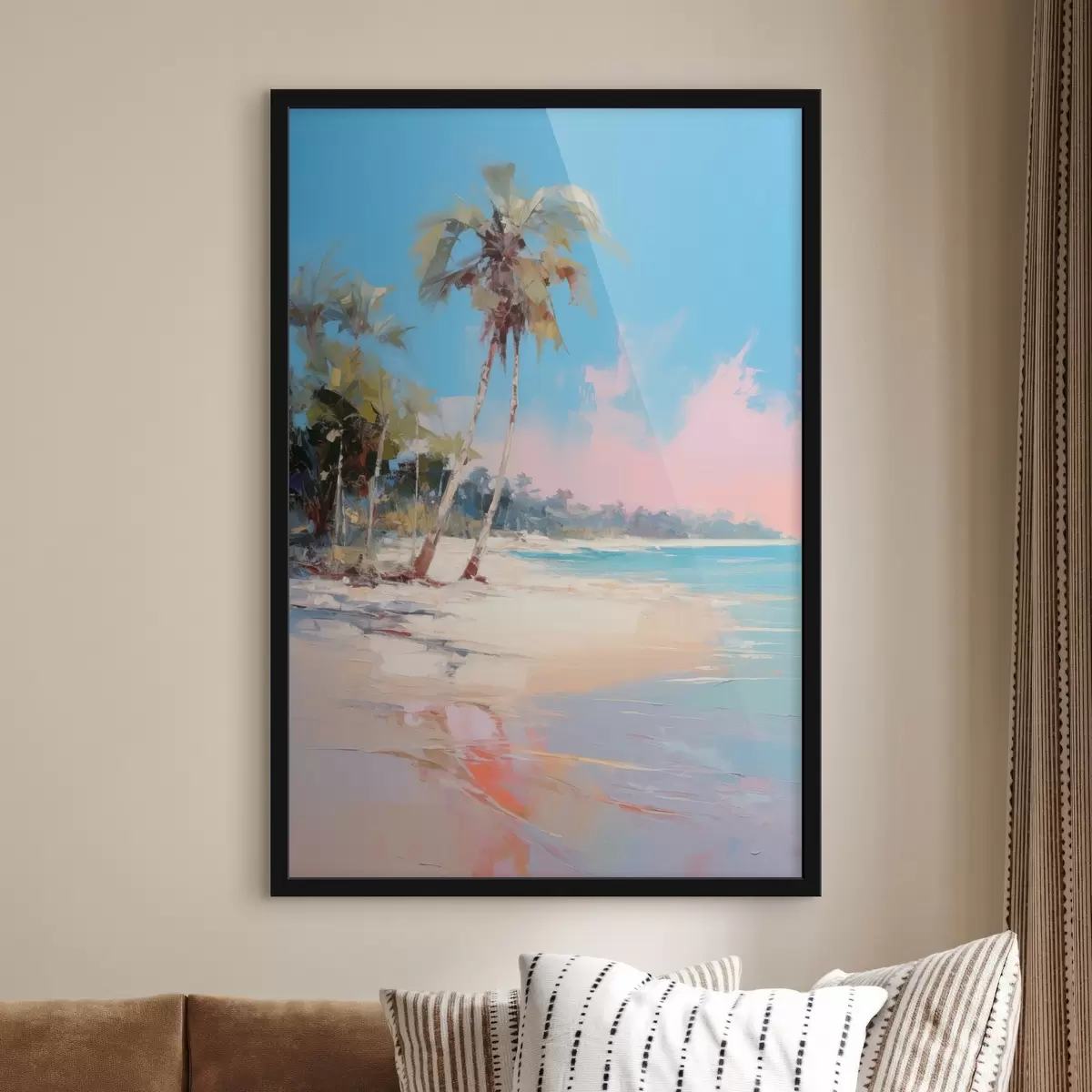 Poster Abstrakter tropischer Strand mit weißem Sand und Palmen, blauer Himmel mit weißen Wolken f46285