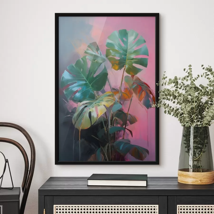 Fototapete Abstrakte Monstera-Pflanze mit leuchtend grünen Blättern vor einem Hintergrund aus zarten Rosa- und Violetttönen f46286
