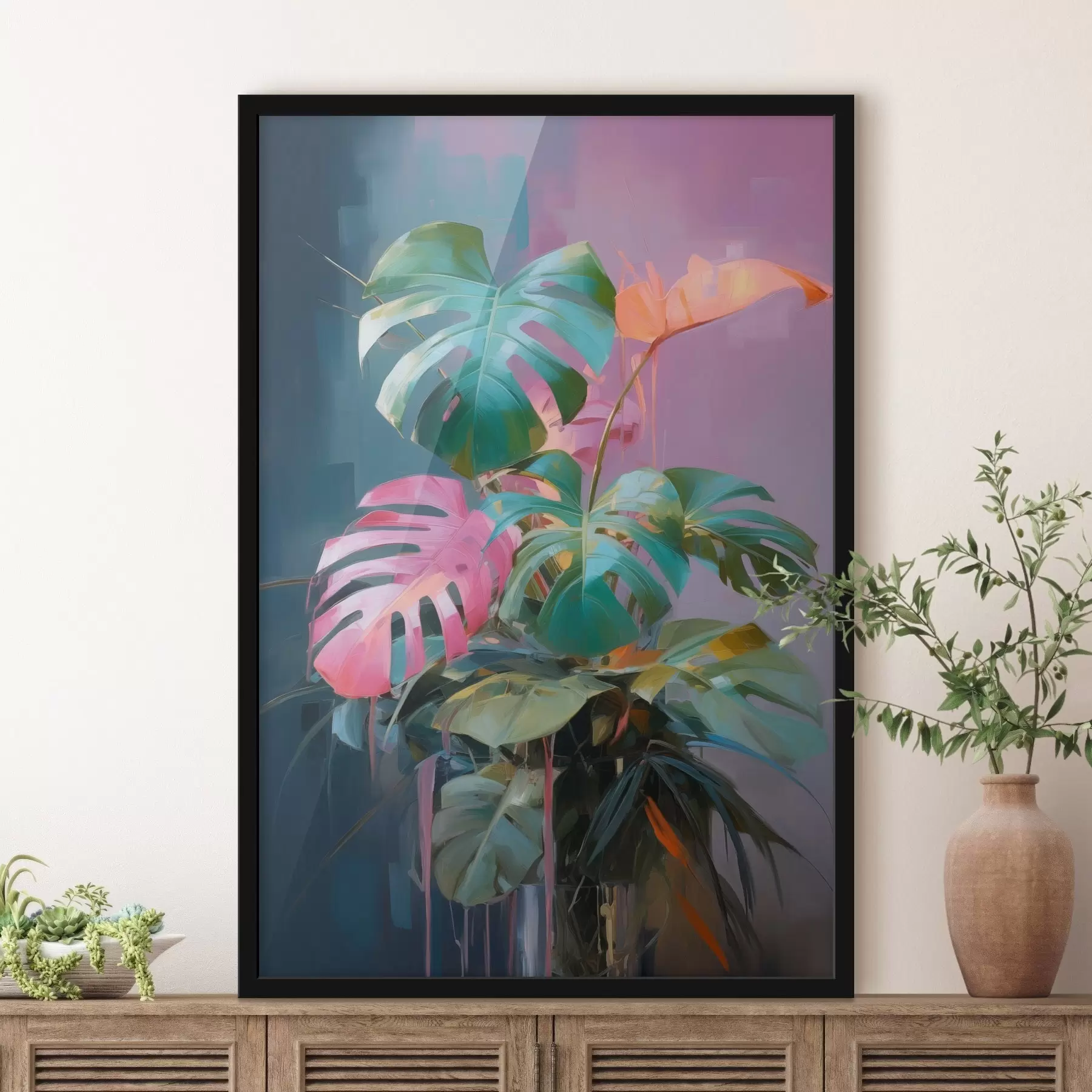 Fototapete Abstrakte Monstera-Pflanze mit rosa und grünen Blättern, leuchtenden Farben, vor einem unscharfen Hintergrund f46287