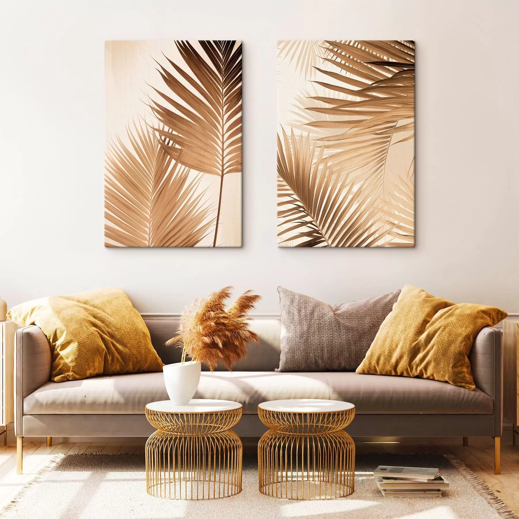 Wandbilder Palmenblätter in Brauntönen, neutraler Hintergrund, minimalistischer Stil, natürliche Beleuchtung, tropisches Flair m00880