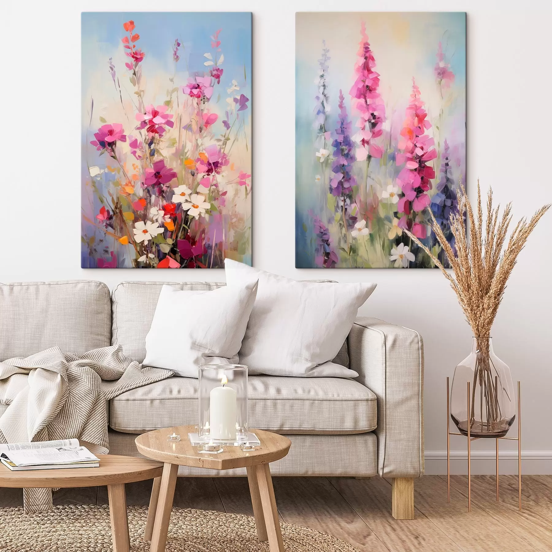 Wandbilder Lebendige Blumen mit weißen Gänseblümchen auf einer Wiese, sanfte Pinselstriche, Pastellfarben, impressionistischer Stil m00882