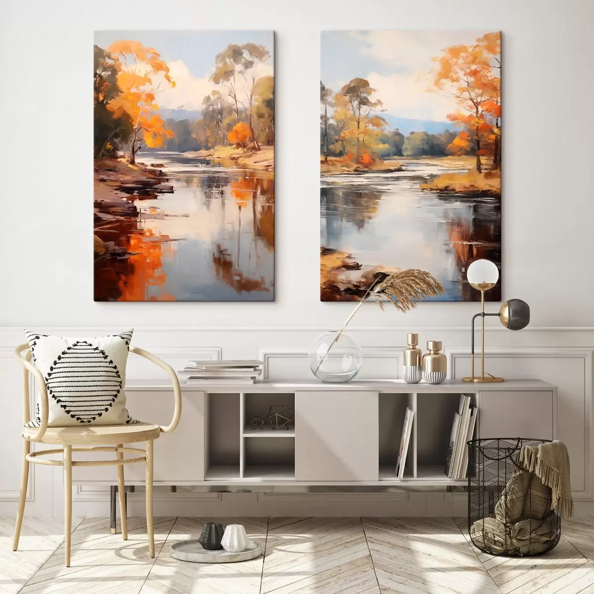 Wandbilder Herbstlandschaft, Fluss mit Bäumen am Ufer, Wald im Hintergrund, Spiegelungen auf dem Wasser m00883