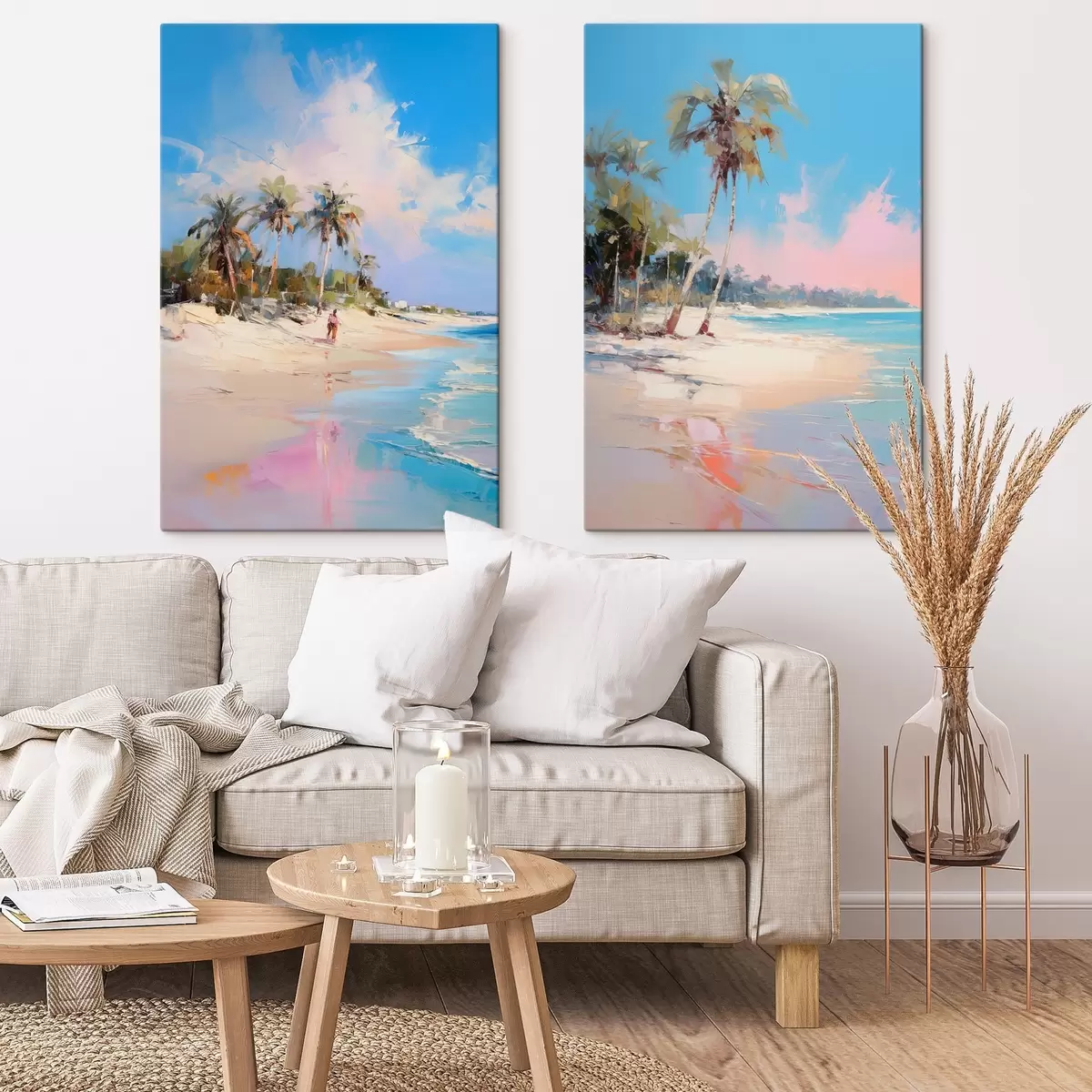 Wandbilder Abstrakte Landschaft, ein Strand mit Palmen, strahlender Sonnenschein mit blauem Himmel und einigen Wolken m00885