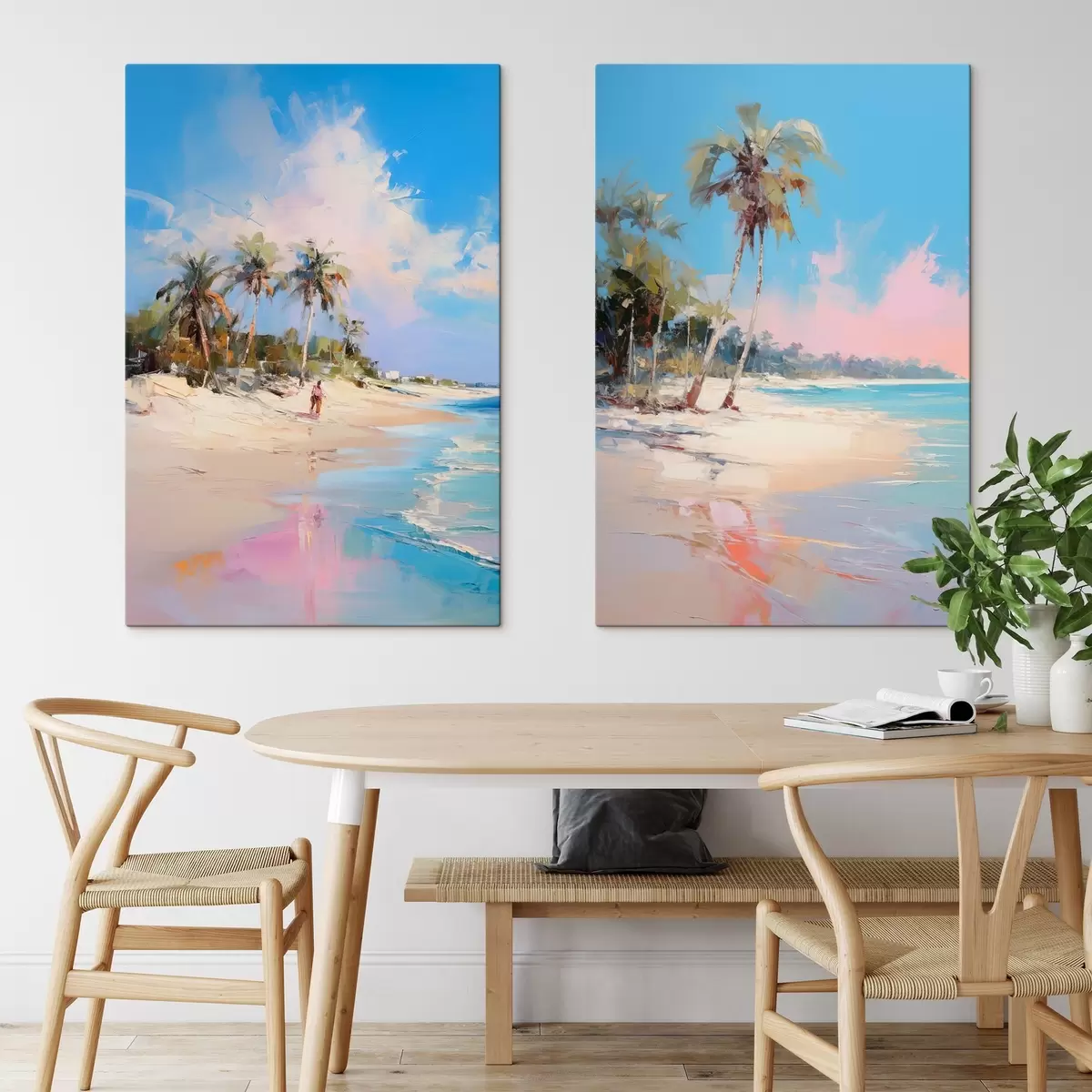 Wandbilder Abstrakte Landschaft, ein Strand mit Palmen, strahlender Sonnenschein mit blauem Himmel und einigen Wolken m00885