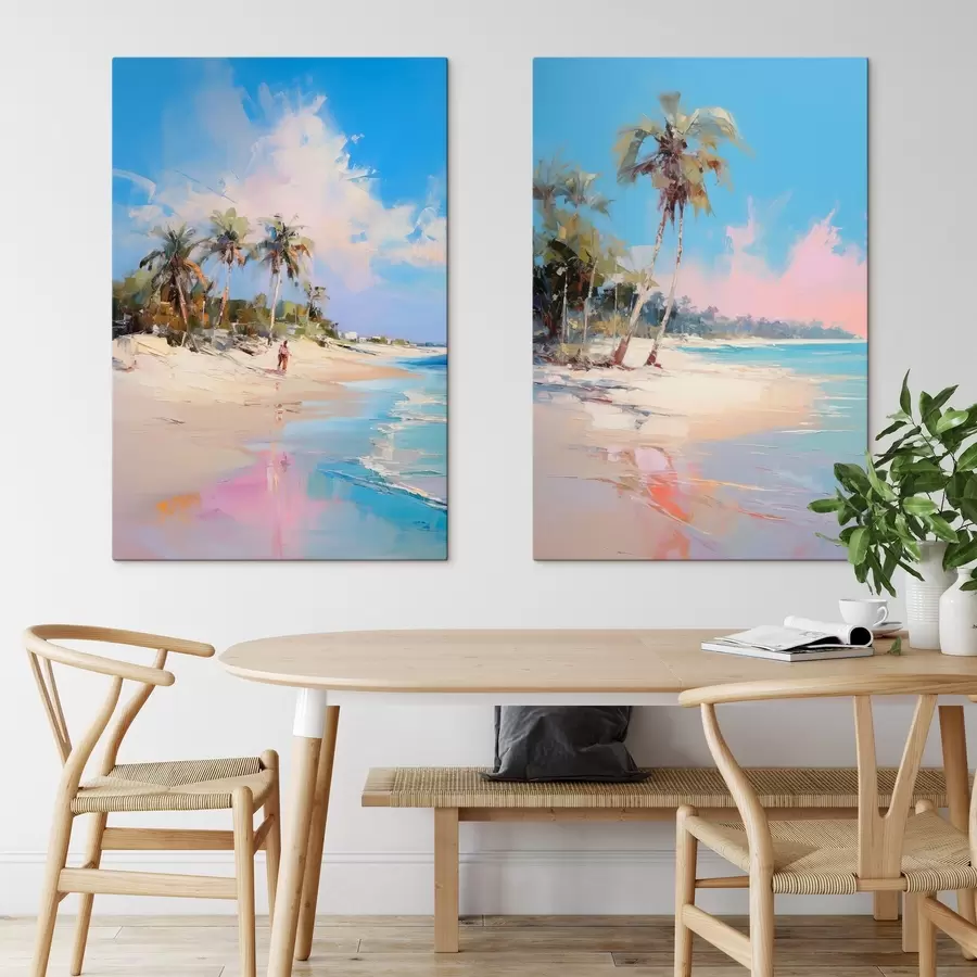 Wandbilder Abstrakte Landschaft, ein Strand mit Palmen, strahlender Sonnenschein mit blauem Himmel und einigen Wolken m00885