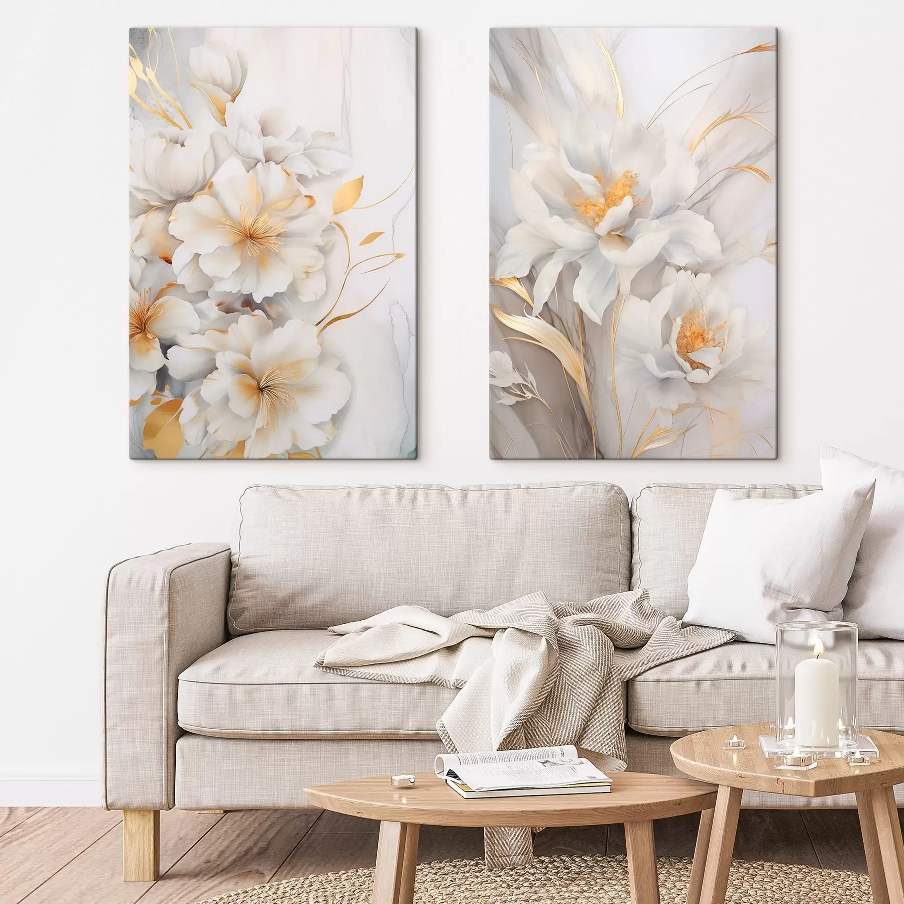 Wandbilder Weiße Blüten mit gelben Details, Blütenblätter mit dezenten Schatten, heller Hintergrund mit dezentem Marmoreffekt m00889