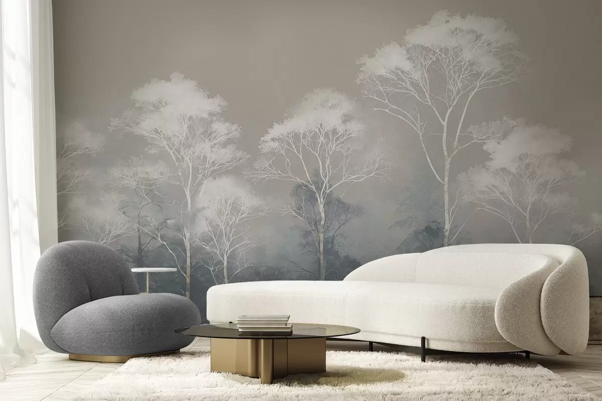 Fototapete Minimalistische Bäume in Blaugrau-Palette, im Nebel w09448