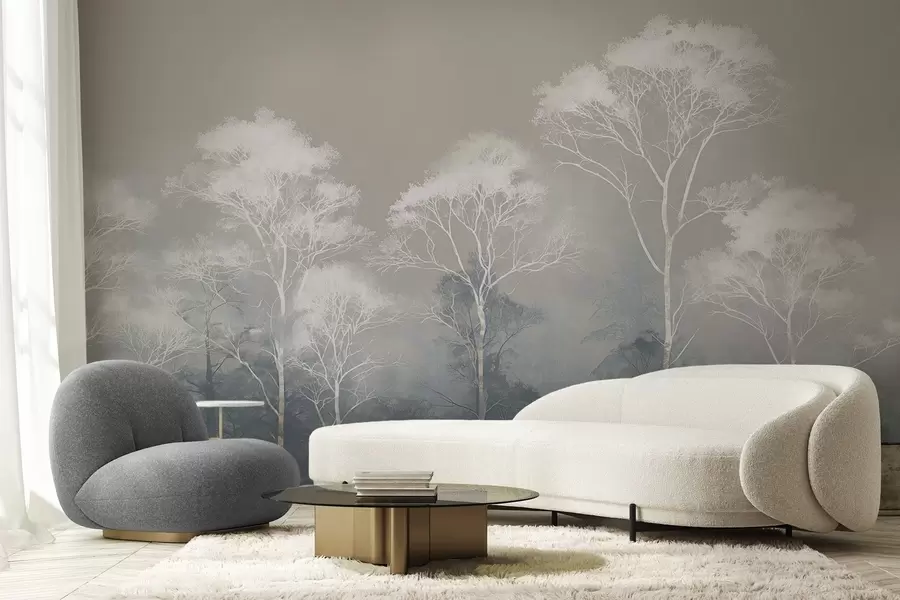 Fototapete Minimalistische Bäume in Blaugrau-Palette, im Nebel w09448