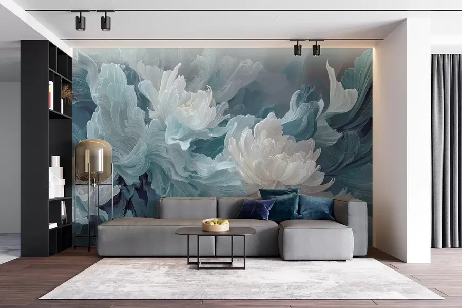 Fototapete Abstrakte Blumen in Blau- und Türkistönen w09452