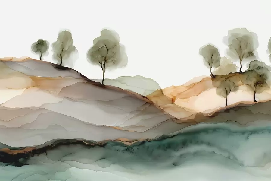 Fototapete Abstrakte Landschaft im Alkohol-Tinten-Stil – Hügel und Bäume in Pastelltönen w09457