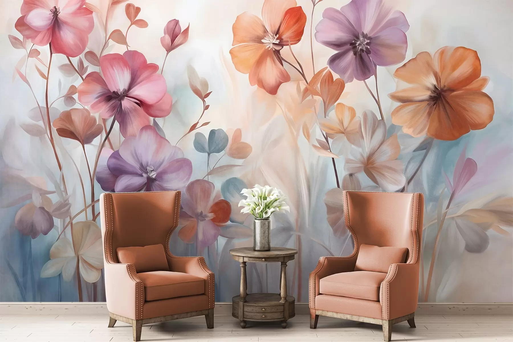 Fototapete Texturiertes Blumenarrangement mit rosa, violetten und orangefarbenen Blüten mit grünen Stielen und Blättern, sanfte Pastellfarben w09486