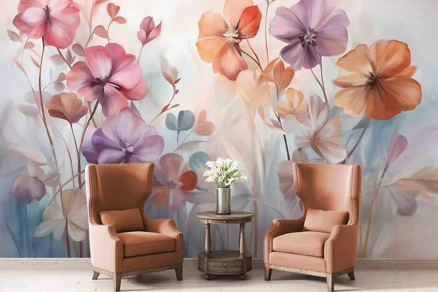 Fototapete Texturiertes Blumenarrangement mit rosa, violetten und orangefarbenen Blüten mit grünen Stielen und Blättern, sanfte Pastellfarben w09486