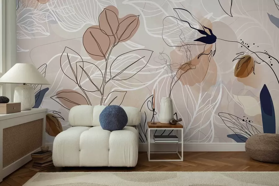Fototapete Beiger abstrakter Hintergrund mit Blatt- und Blumenlinienkunst, modern, minimalistisch, organische Formen, botanischer Druck w09487