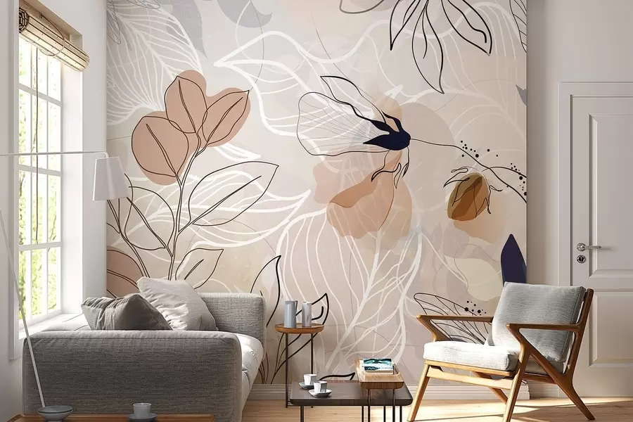 Fototapete Beiger abstrakter Hintergrund mit Blatt- und Blumenlinienkunst, modern, minimalistisch, organische Formen, botanischer Druck w09487