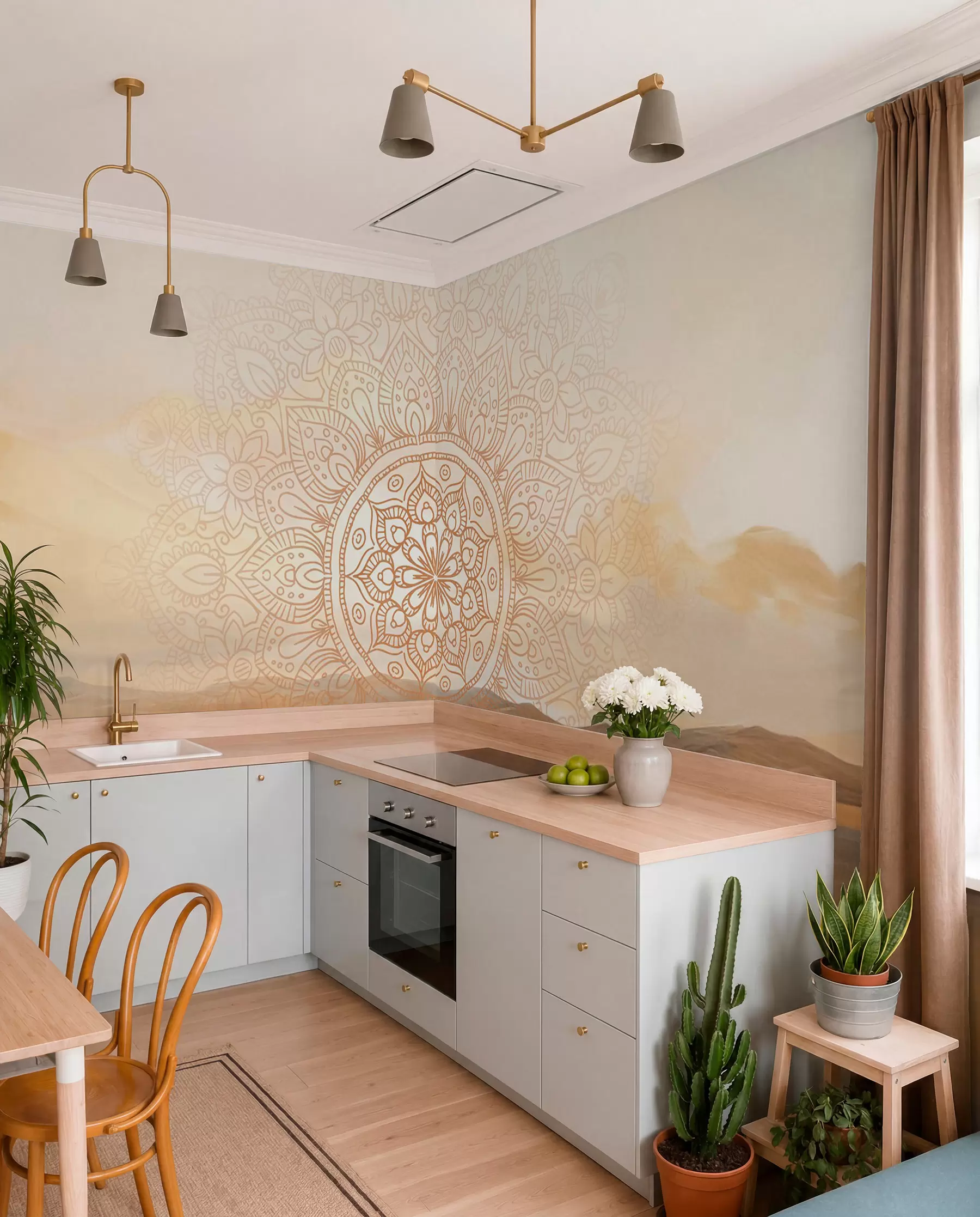 Fototapete Strukturiertes symmetrisches Mandala-Design überlagert eine Landschaft mit Meer, Hügeln und Himmel in sanften Pastellfarben w09491