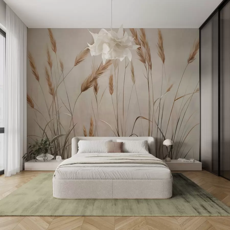 Fototapete Weizenfeld mit gelben Ähren, beiger Hintergrund, natürliches Licht, warme Farbtöne, detaillierte Pinselstriche w09493