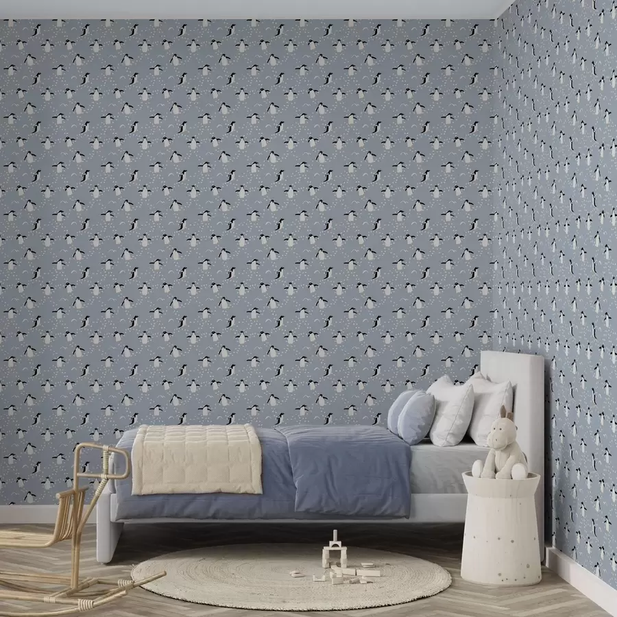 Fototapete Pinguine auf grau-blauem Hintergrund mit Fußabdrücken a00655