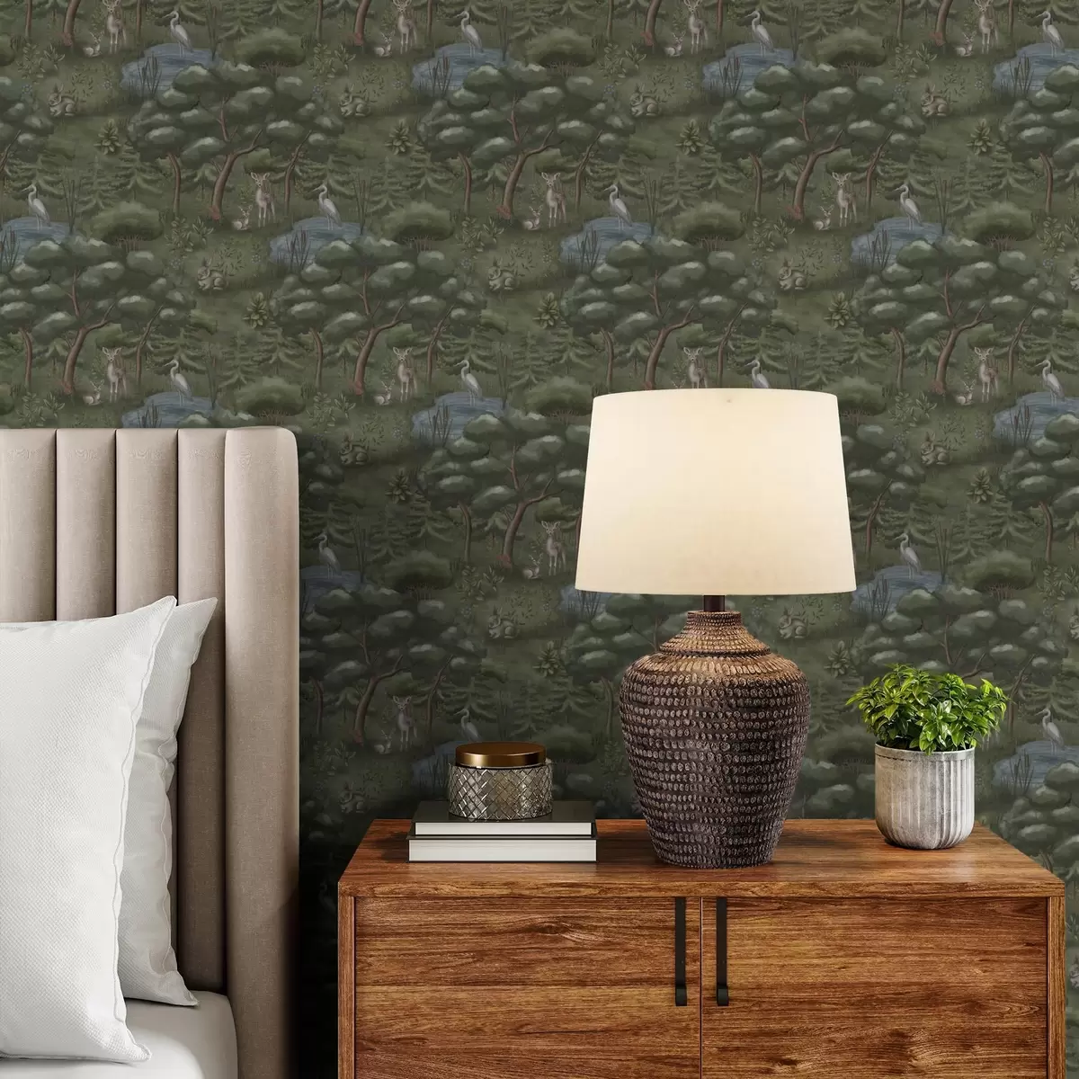 Tapete Waldlichtung mit Rehen, Kaninchen und Reihern a00680