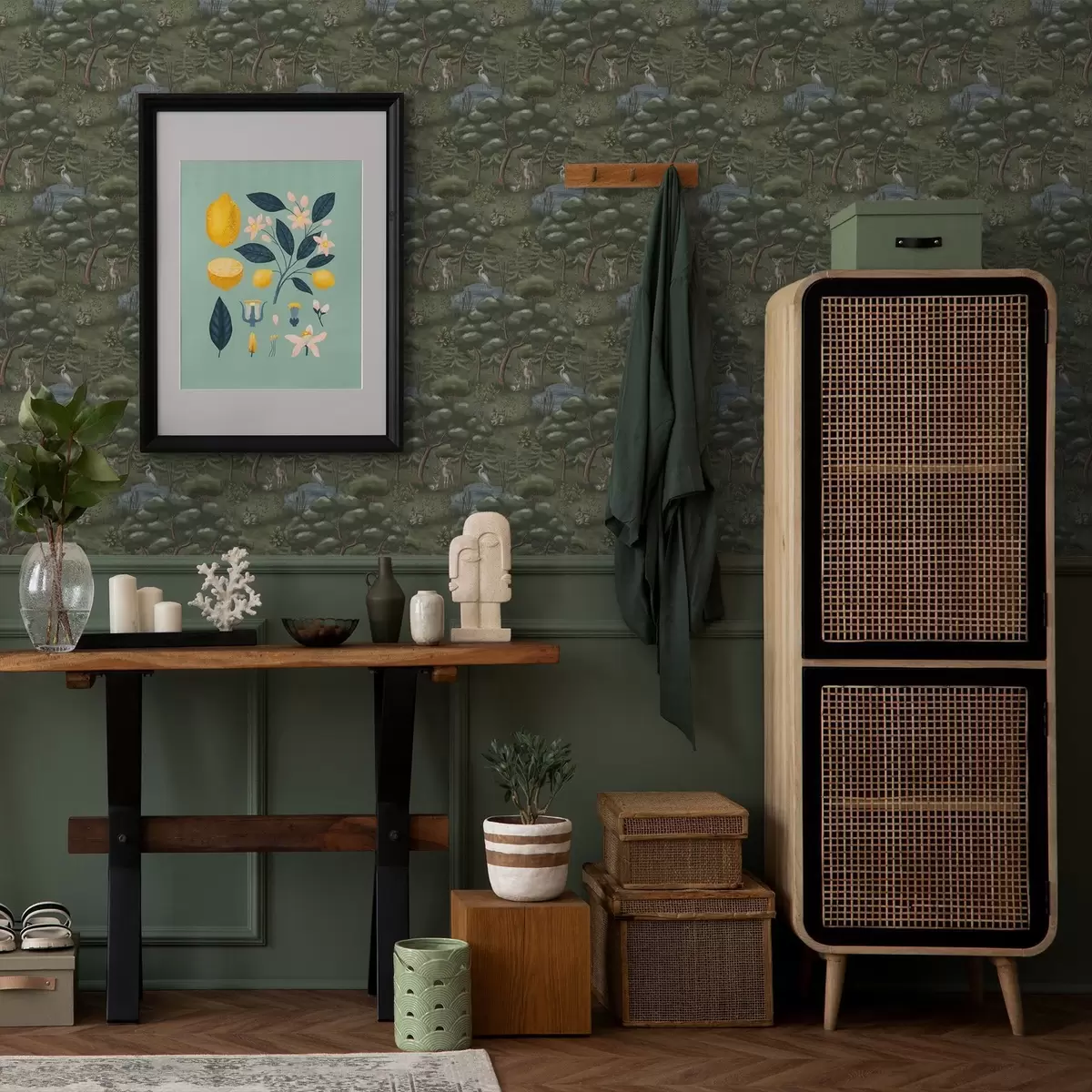 Tapete Waldlichtung mit Rehen, Kaninchen und Reihern a00680