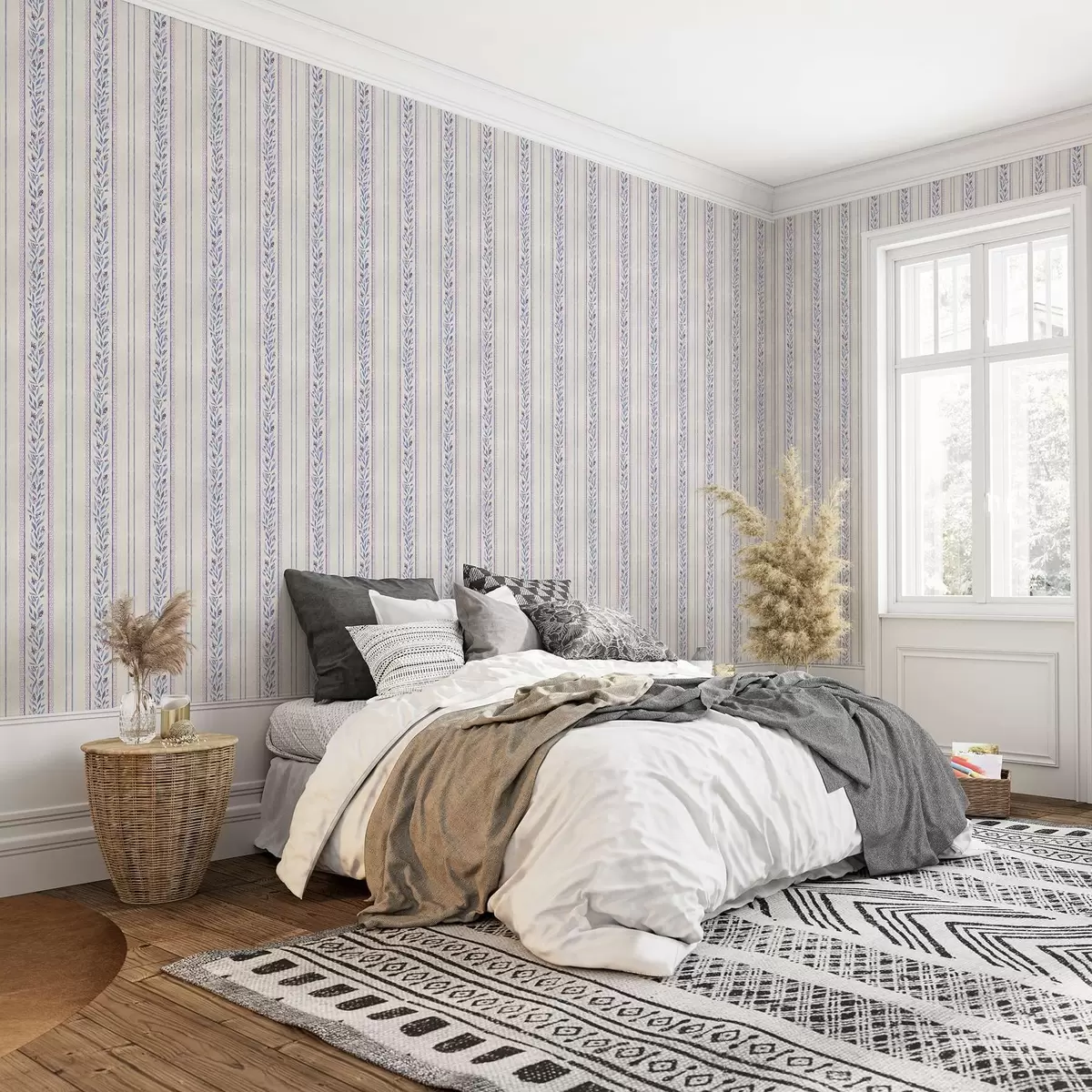 Tapete Vertikale Streifen mit Lavendelgirlanden, beiger Hintergrund a00813v1