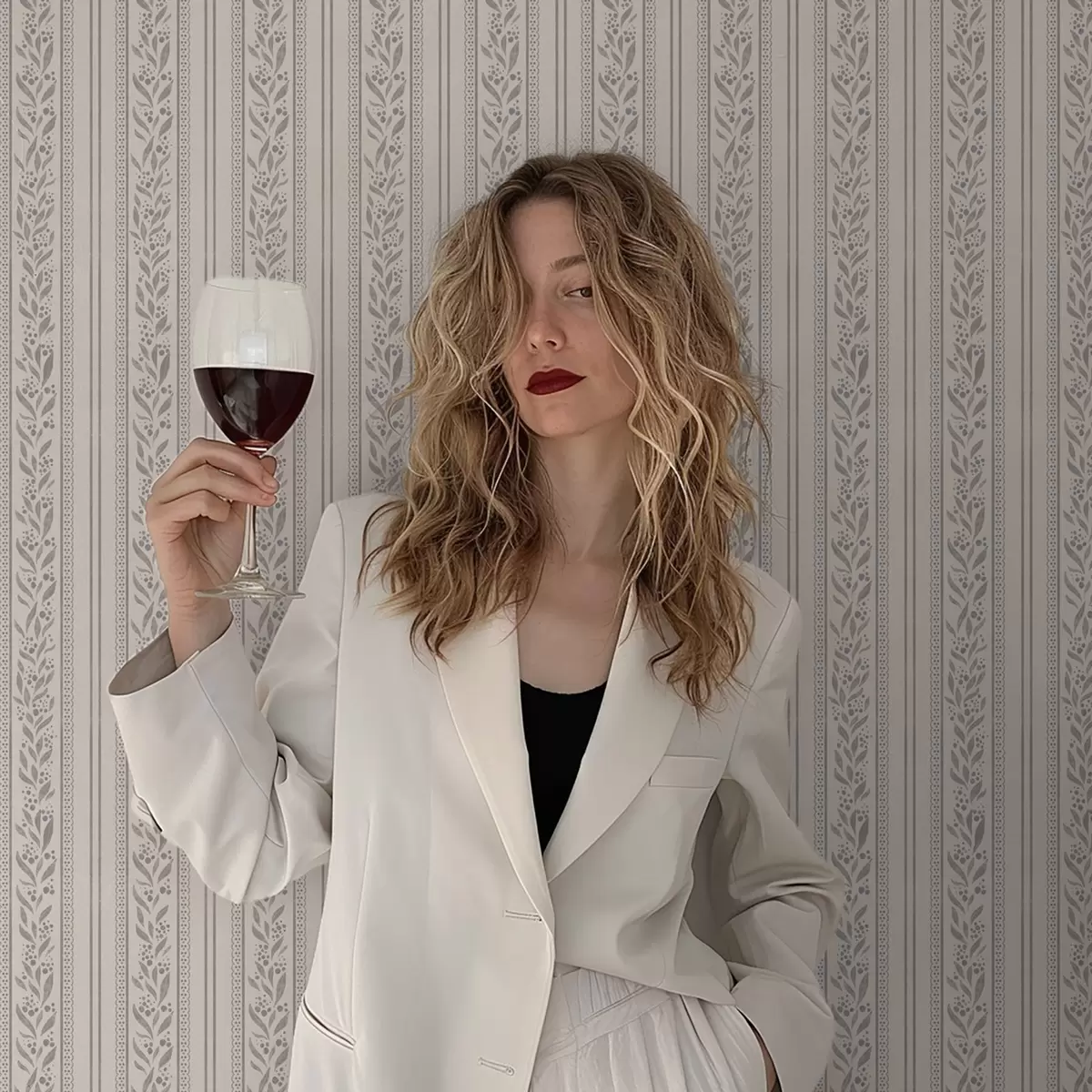 Tapete Streifen mit Spitze und grau-beigen Zweigen a00814