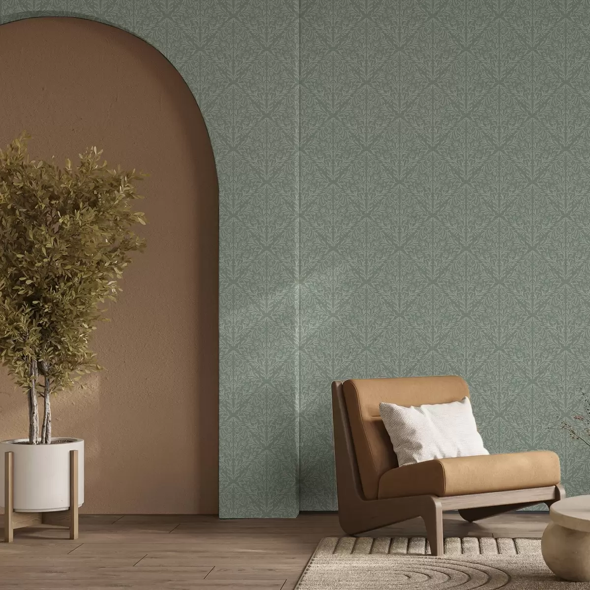 Tapete Botanischer Damast auf mint-olivem Hintergrund a00815