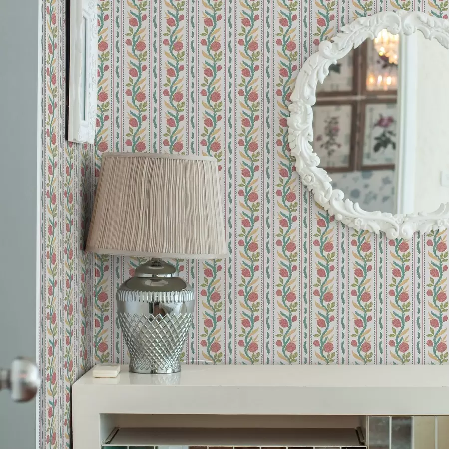 Fototapete Vertikale Streifen mit Korallenblüten und türkisfarbenen Blättern a00816