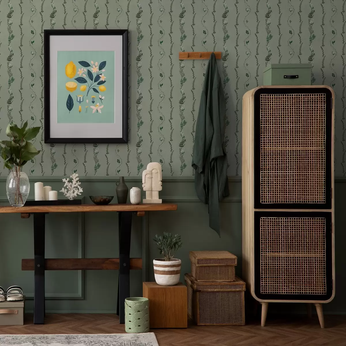 Tapete Vertikale Ranken und Zweige auf gedämpftem Grün a00817v1