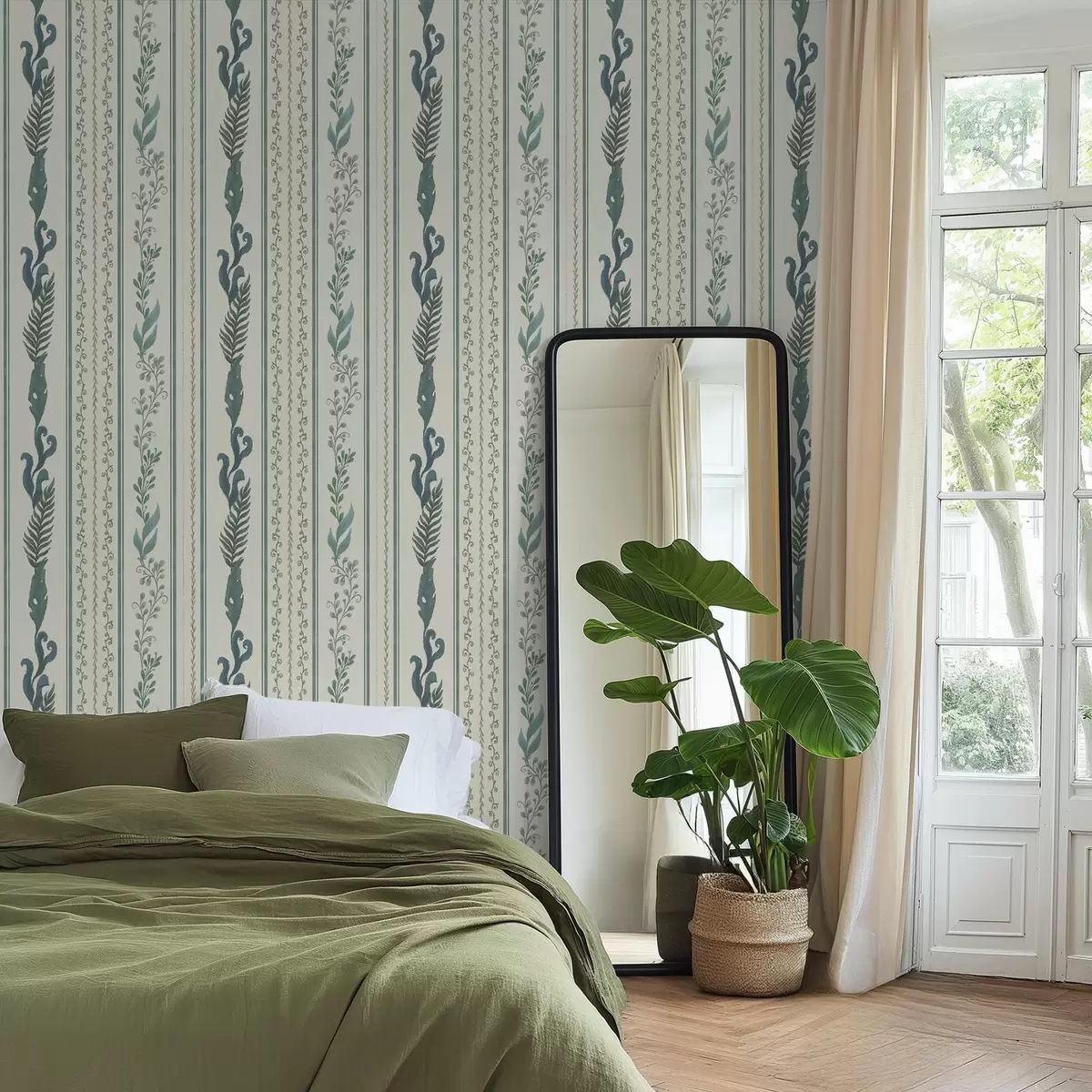 Tapete Streifen mit Zweigen und Locken auf warmem milchigem Grund a00823v2