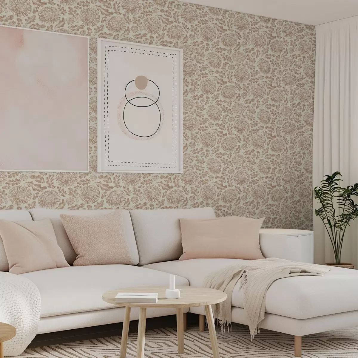 Tapete Chrysanthemen und Eichenblätter in sanftem Beige-Braun a00840