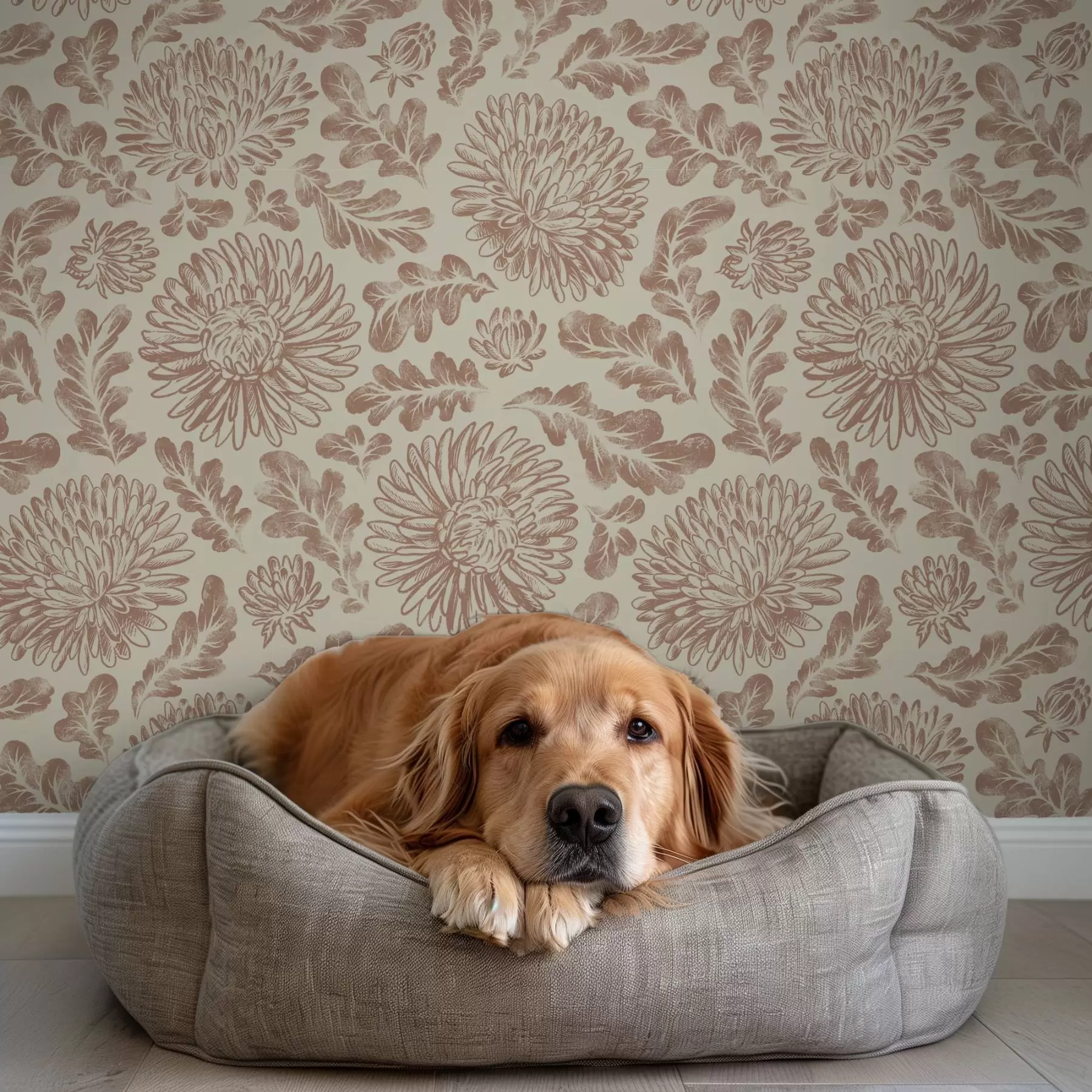 Fototapete Chrysanthemen und Eichenblätter in sanftem Beige-Braun a00840
