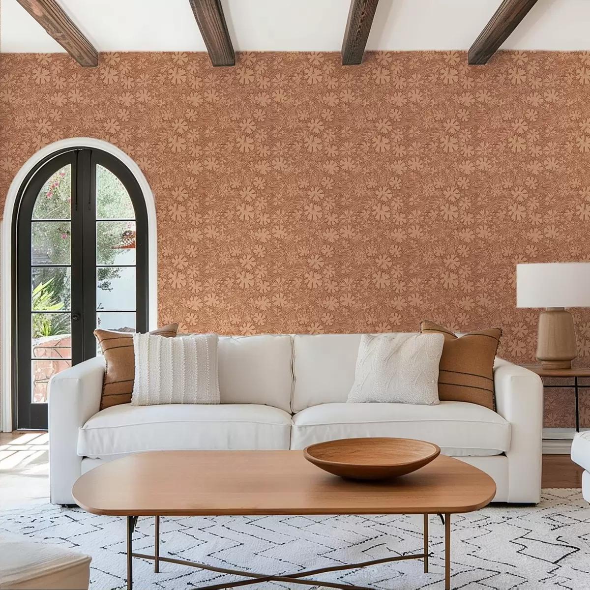 Tapete Feldblätter und Gräser in einer terrakotta-beigen Farbpalette a00847